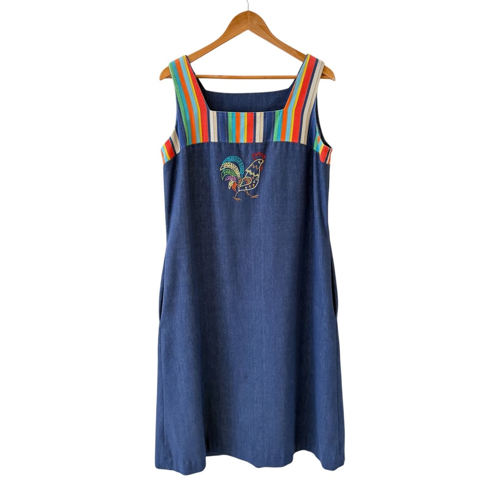 Vintage Denim Jumper Dress Women L Blue Rooster Embroidered Rainbow Cottage